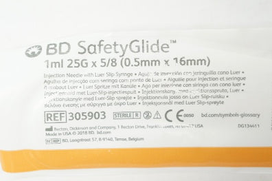 BD 305903 SafetyGlide Injection Ndle w/Luer Slip Syringe 1ml, 25G x 5/8inch